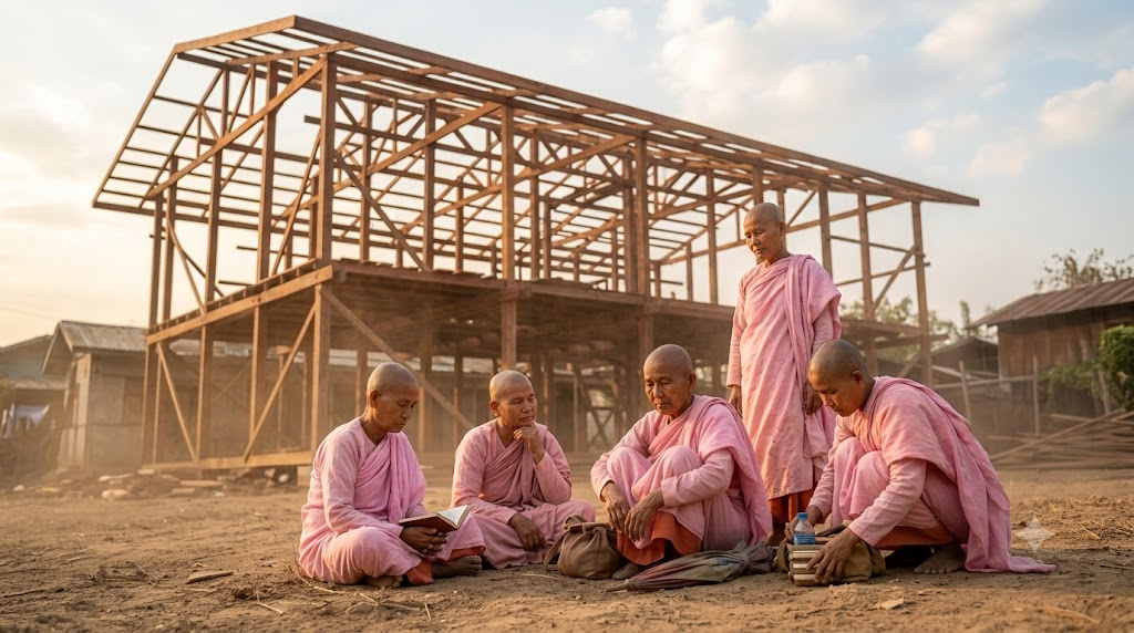 ဆောက်လုပ်ဆဲကျောင်းဆောင်ရှေ့ရှိ သီလရှင်များ